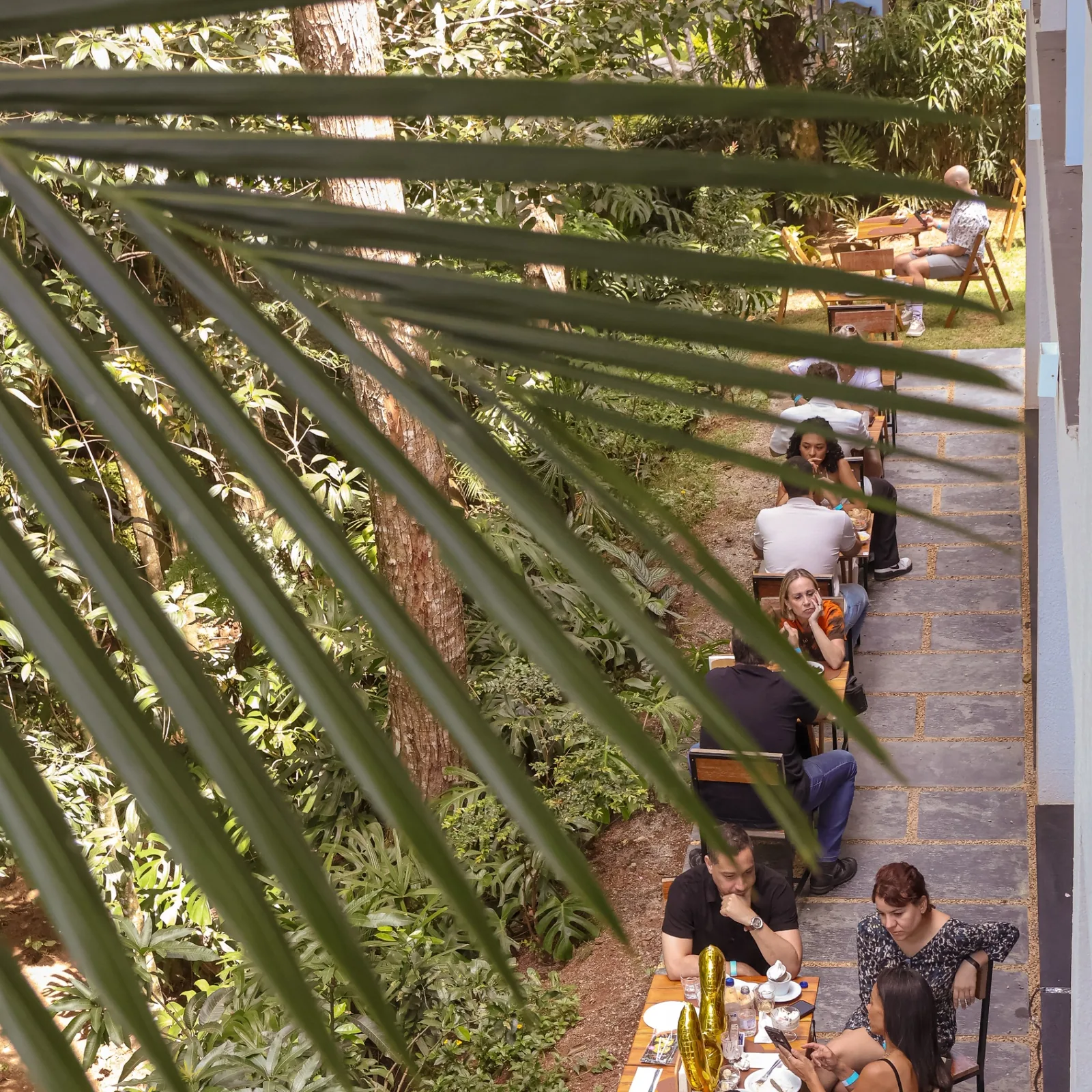 Jardim do Frutta e Crema com mesas ao ar livre cercadas pela Mata Atlântica